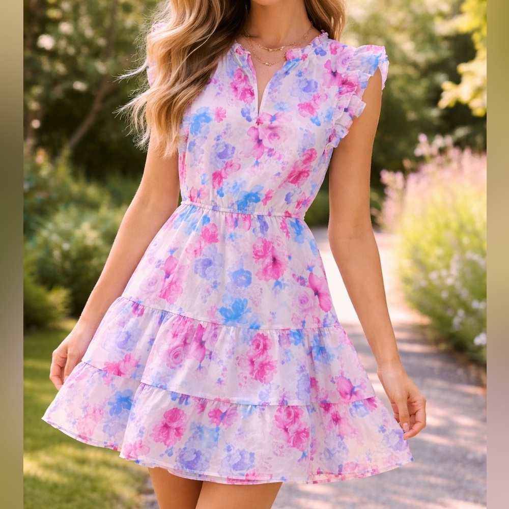 Steve Madden Pink & Blue Floral Ruffle Tiered Mini Dress